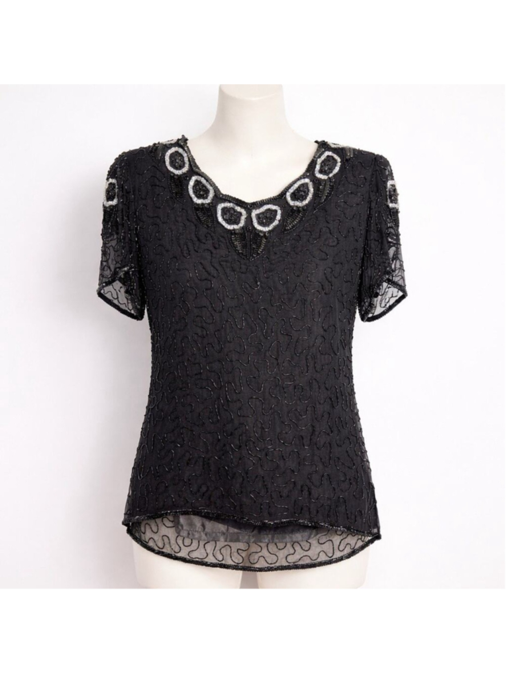 Vintage Sweelo Black Heavily Beaded Retro Glam Statement Luxury 100% Silk Top M